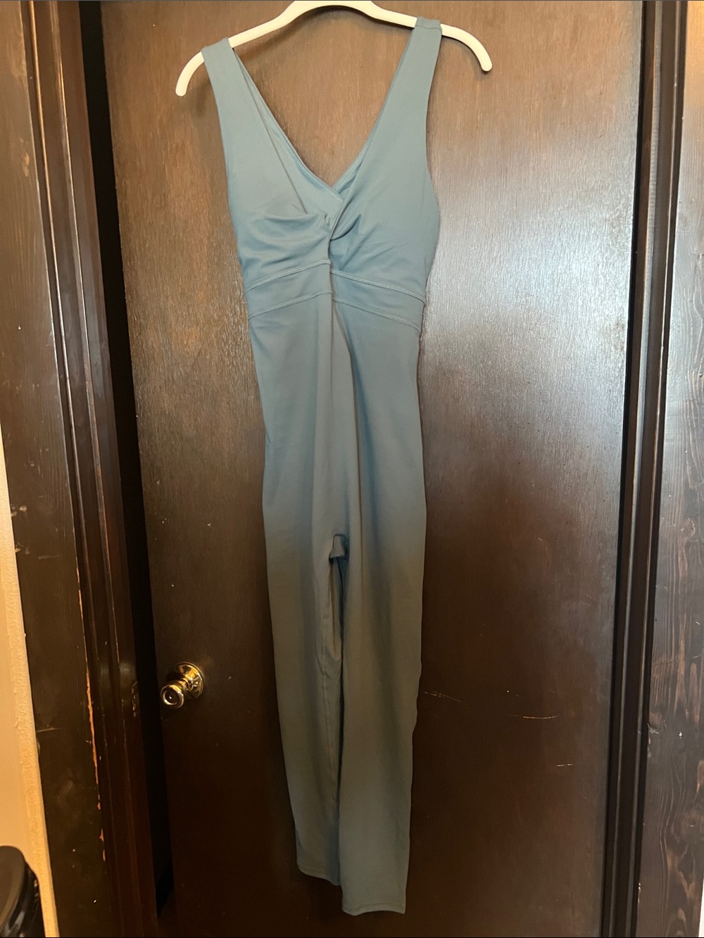 Fabletics Sleeveless V-Neck Jumpsuit in Dusty Blue-Green